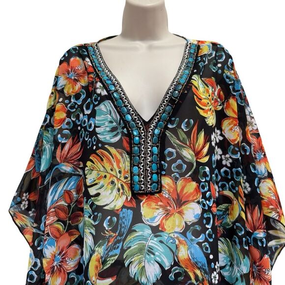 Soleillee Sheer Dark Floral Parrot Print Embellished Tunic Top Plus Sz 2X - Picture 2 of 15
